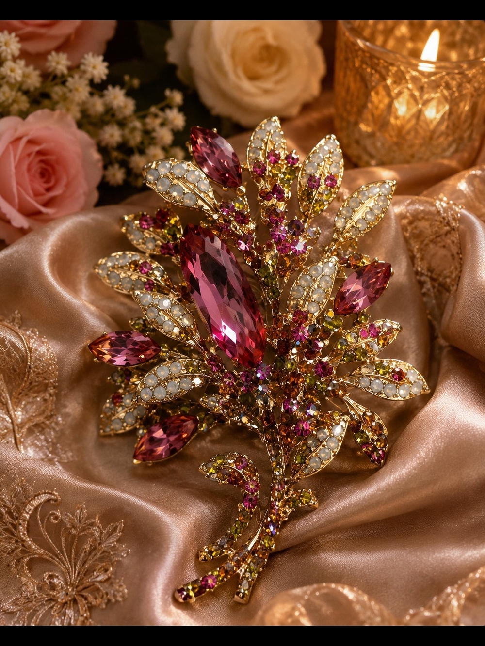 Gold-Tone Pink Crystal Floral Brooch